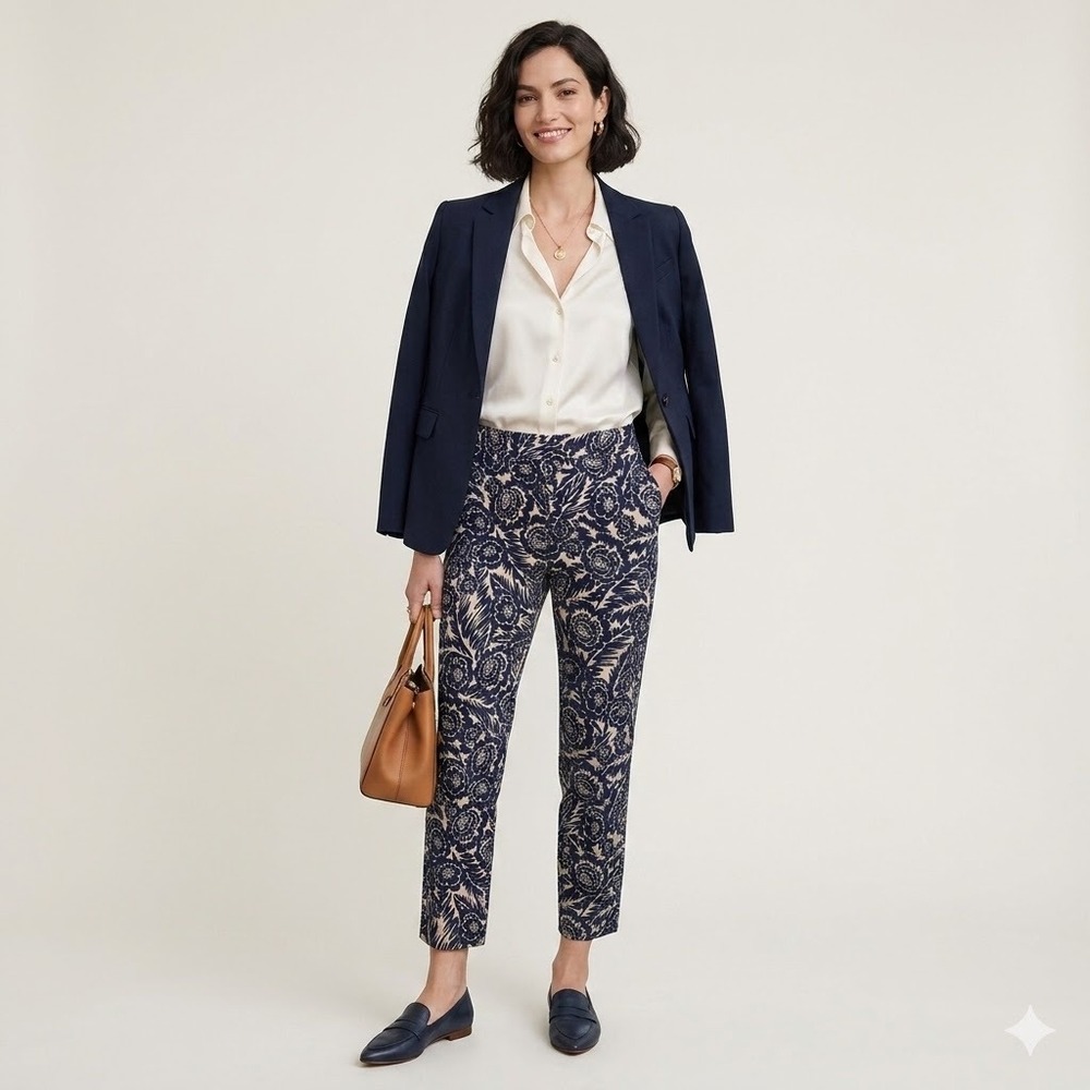Long Tall Sally Floral Pants Women Size 8 Navy Blue Cotton Stretch Tapered Ankle